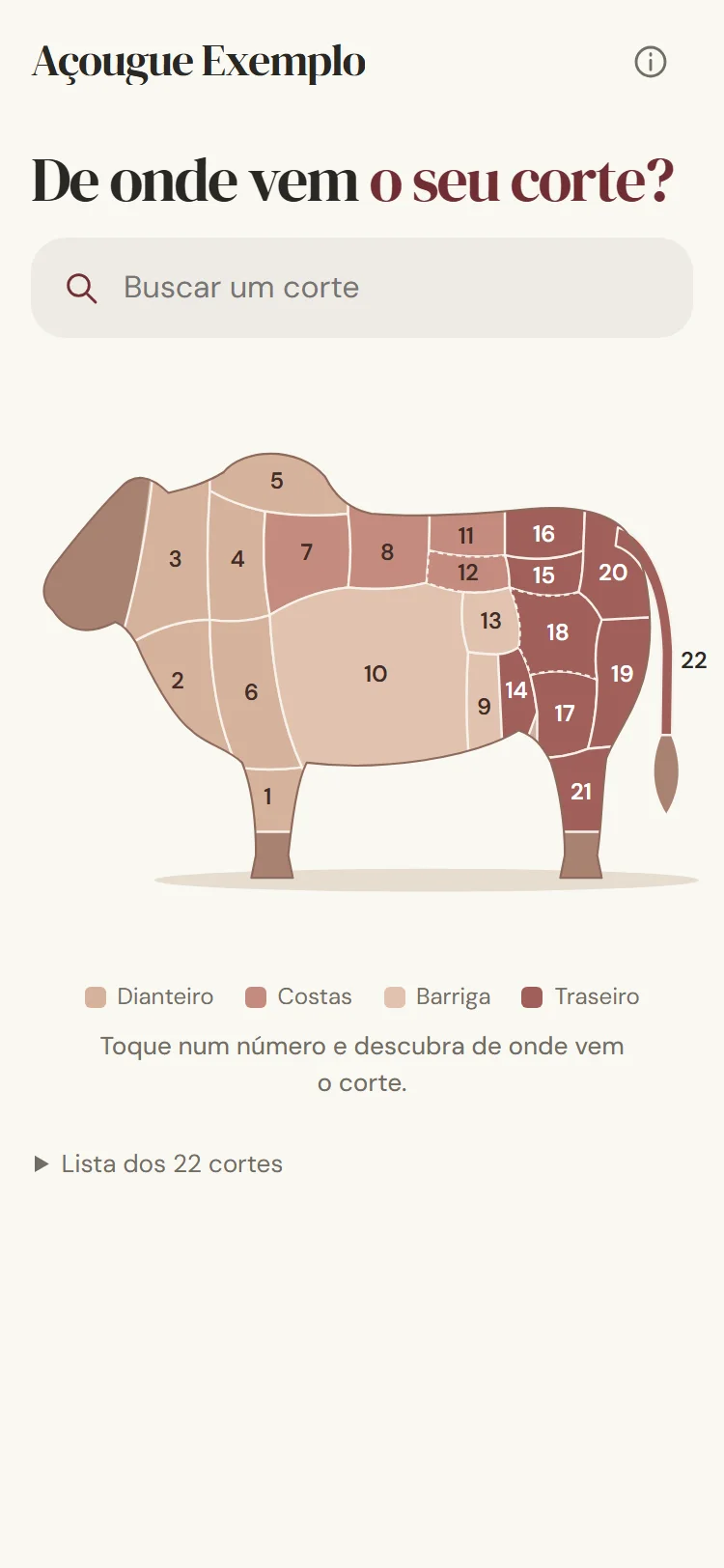 Página de um açougue no celular: o boi desenhado com 22 cortes numerados e uma busca no topo.
